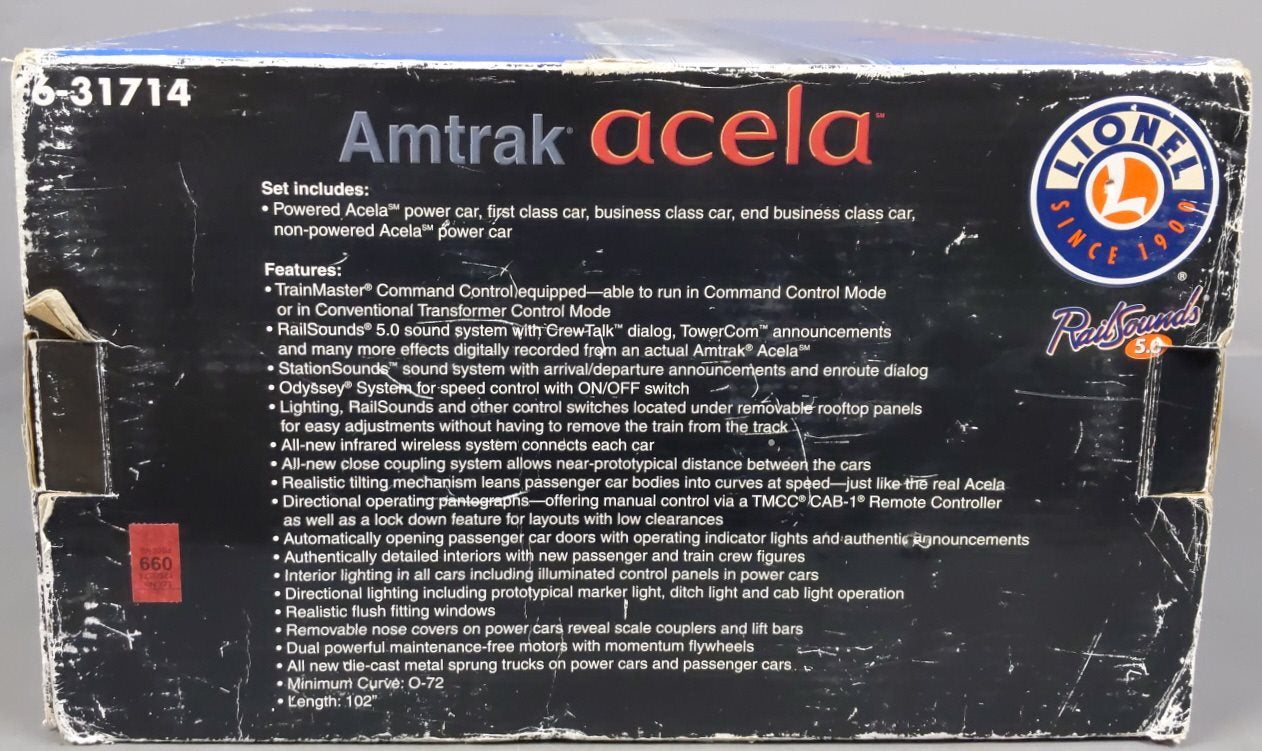 Lionel 6-31714 O Gauge Amtrak Acela Electric Train Set with Railsounds 5.0 EX/Box