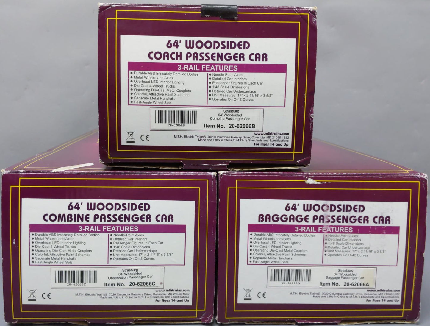 MTH 20-62066 O Strasburg 64' Woodsided Passenger Car Add-On Set (Set of 3)