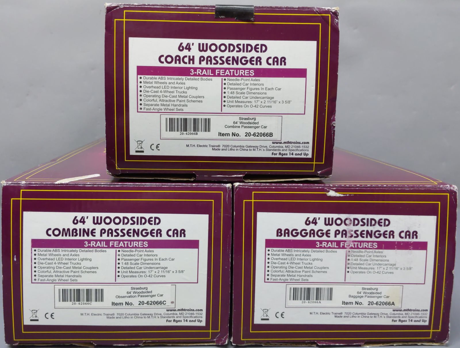 MTH 20-62066 O Strasburg 64' Woodsided Passenger Car Add-On Set (Set of 3)