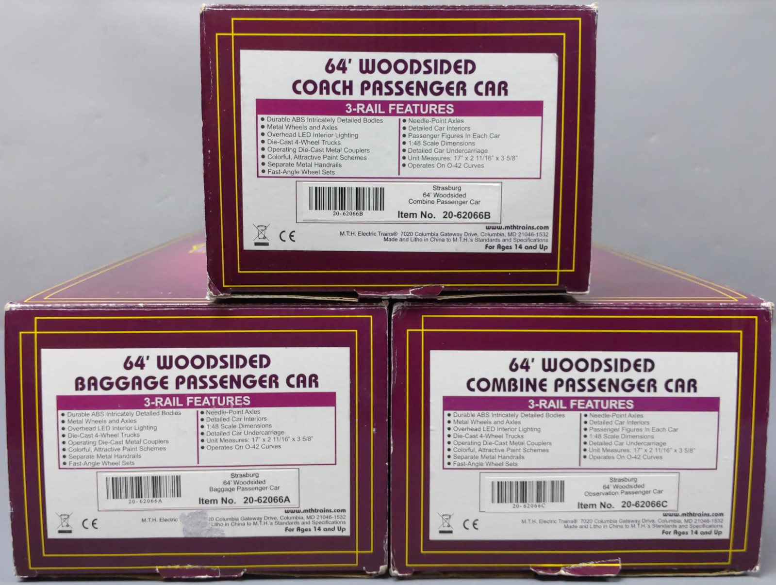 MTH 20-62066 O Strasburg 64' Woodsided Passenger Car Add-On Set (Set of 3)