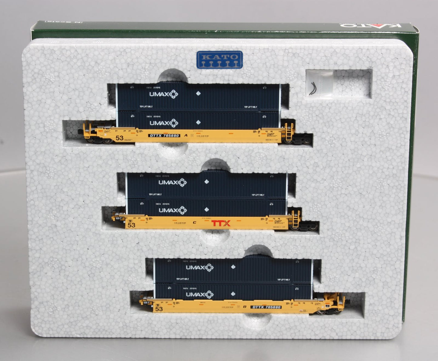 Kato 106-6172 N MAXI-IV 53' Stack Car 3pk TTX New Logo #765690 w/UMAX Cont