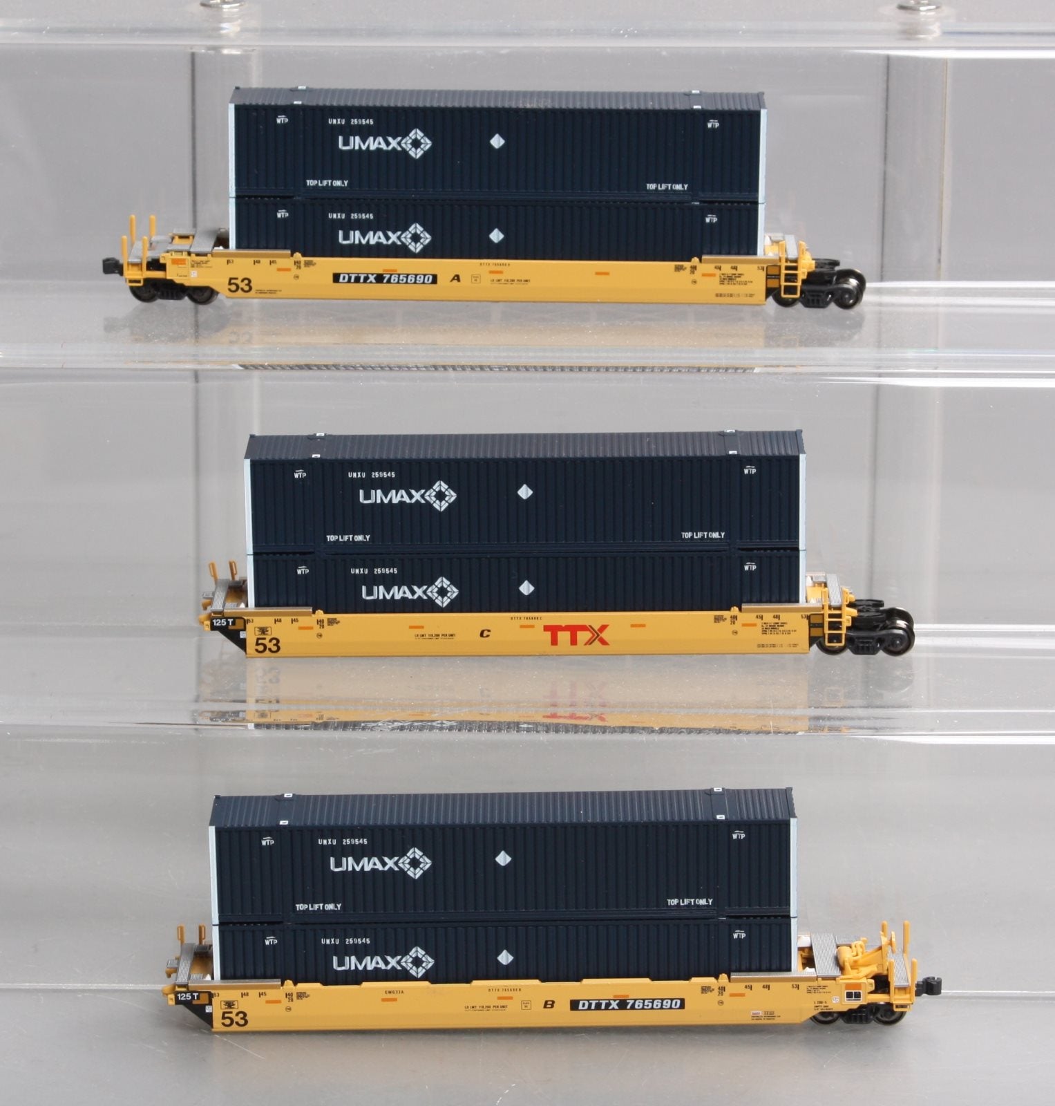 Kato 106-6172 N MAXI-IV 53' Stack Car 3pk TTX New Logo #765690 w/UMAX Cont
