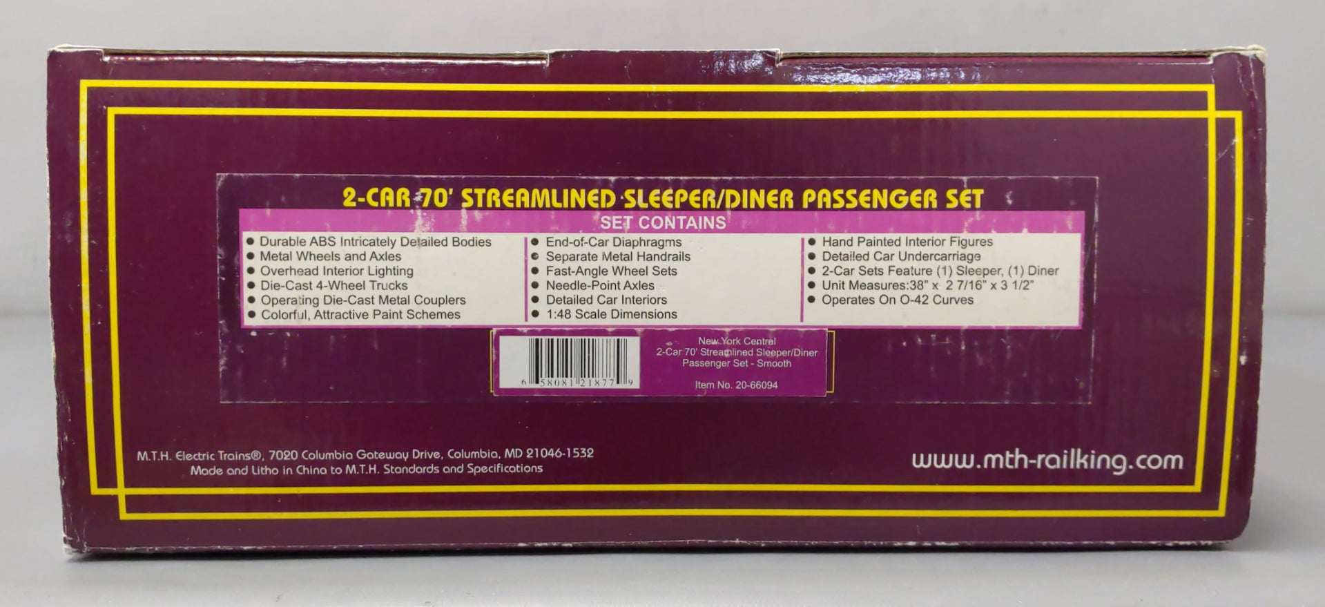 MTH 20-66094 O NYC 70' Streamlined Sleeper/Diner Passenger Car Set (Set of 2)