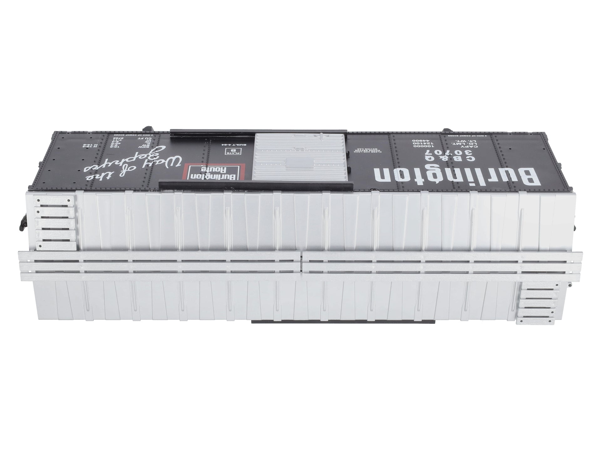 USA Trains R19043B G Burlington Simulated Steel Box Car (Black/Silver) #30707 EX/Box