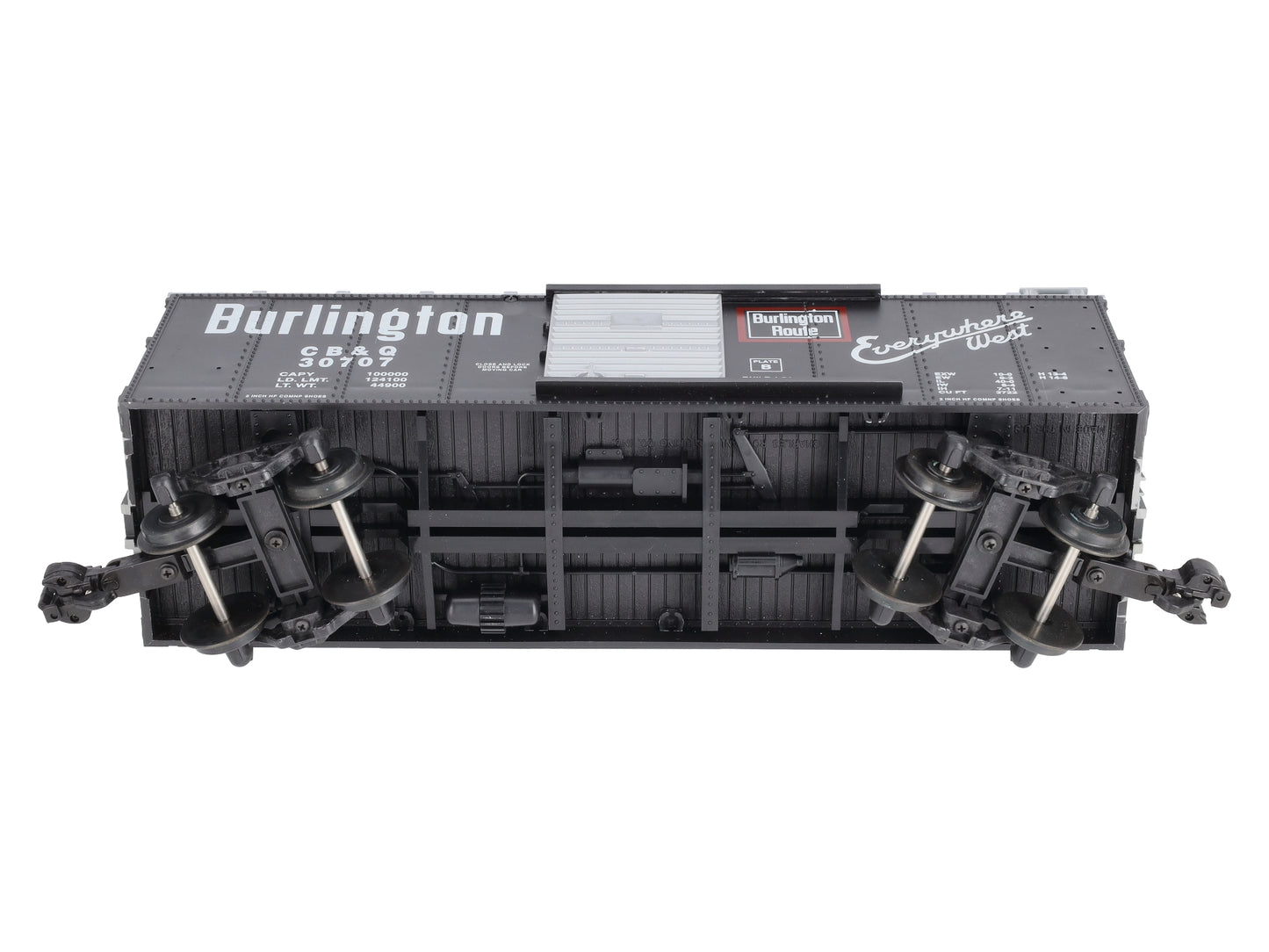 USA Trains R19043B G Burlington Simulated Steel Box Car (Black/Silver) #30707 EX/Box