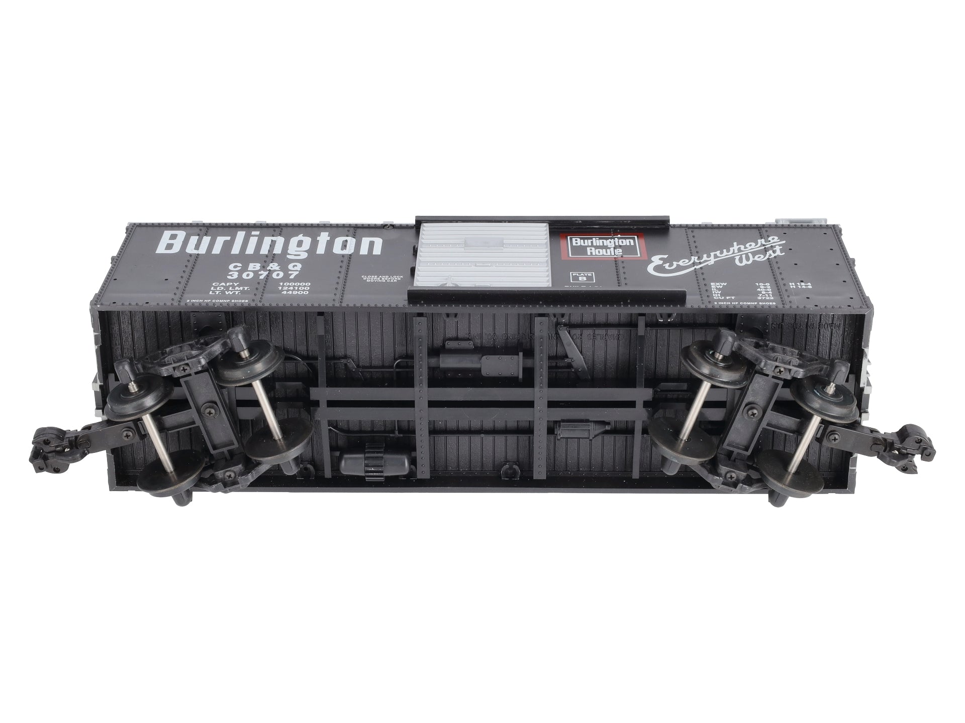 USA Trains R19043B G Burlington Simulated Steel Box Car (Black/Silver) #30707 EX/Box