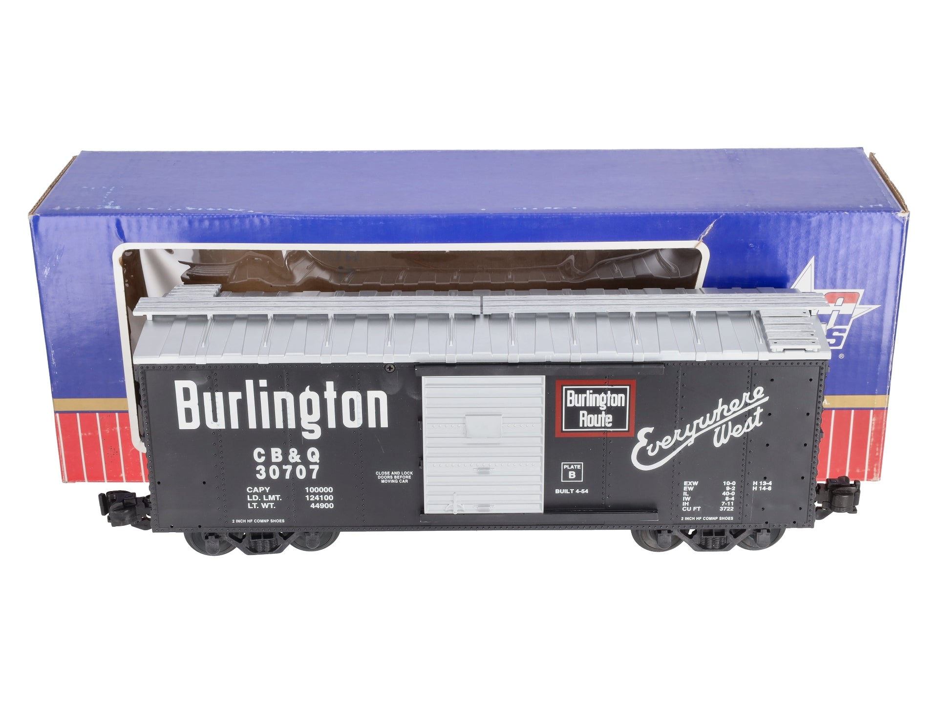 USA Trains R19043B G Burlington Simulated Steel Box Car (Black/Silver) #30707 EX/Box