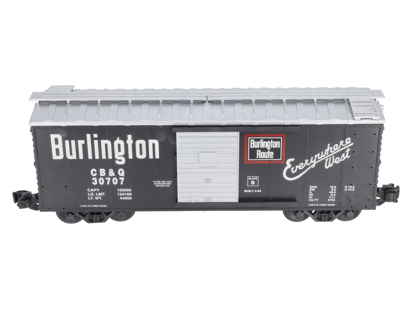 USA Trains R19043B G Burlington Simulated Steel Box Car (Black/Silver) #30707 EX/Box