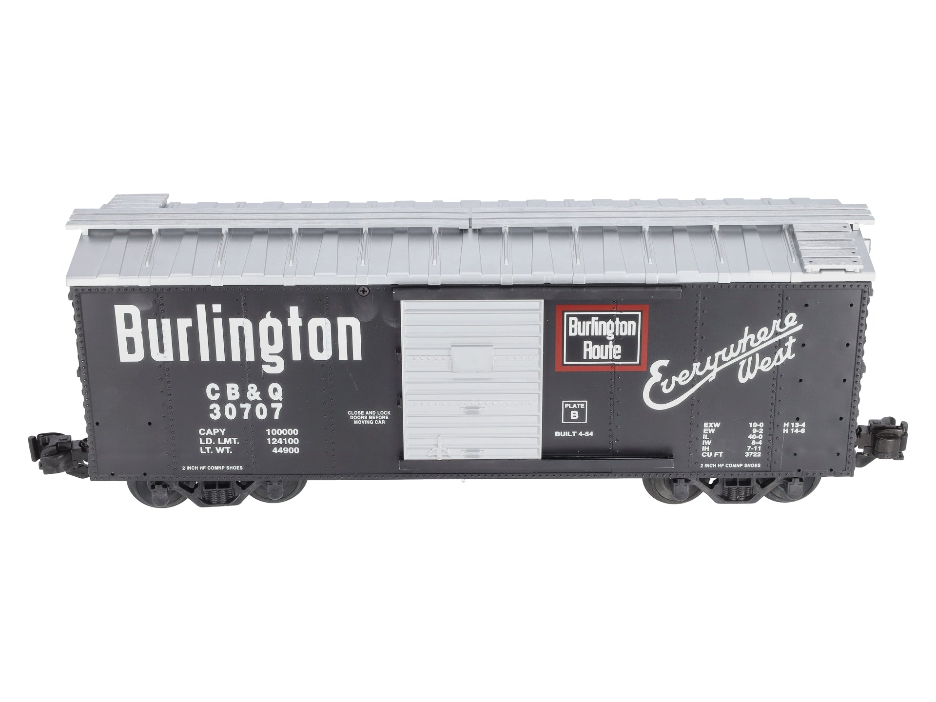 USA Trains R19043B G Burlington Simulated Steel Box Car (Black/Silver) #30707 EX/Box