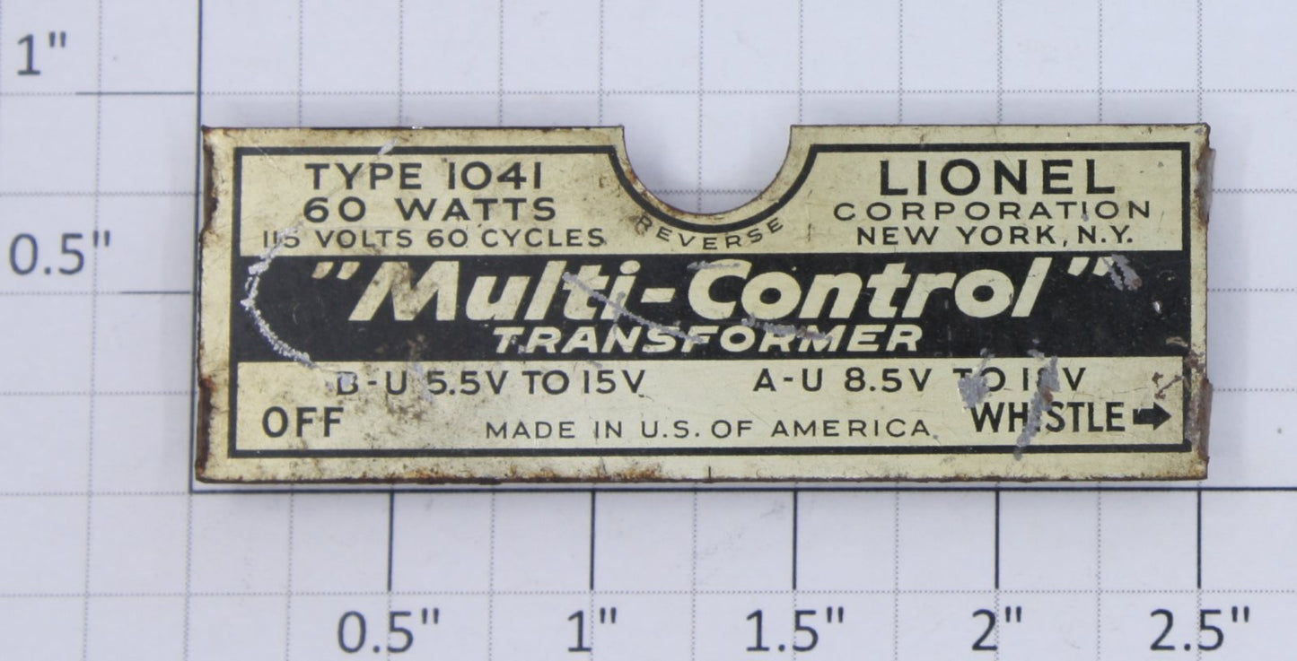 Lionel 1041-28 1041 Transformer Metal Nameplate with Tabs
