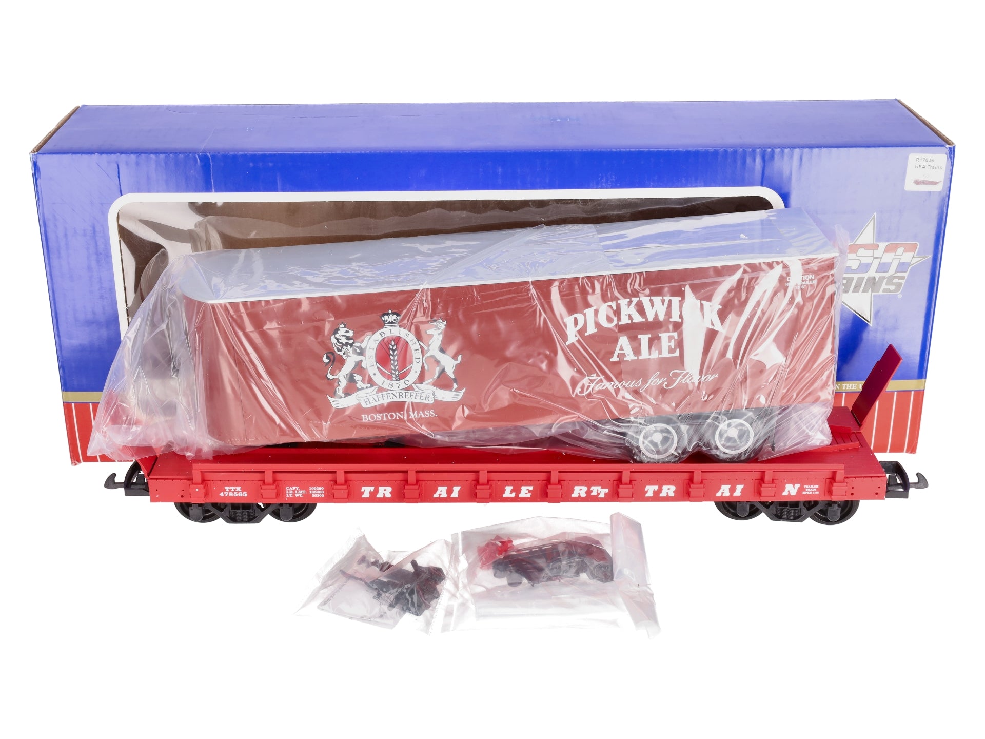 USA Trains R17036 G Pickwick Ale Piggyback Flat Car with Trailer
