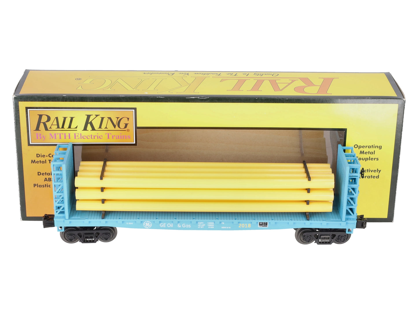 MTH 30-76714 O G.E. Oil and Gas Flat Car with Bulkheads and Pipe Load #2018