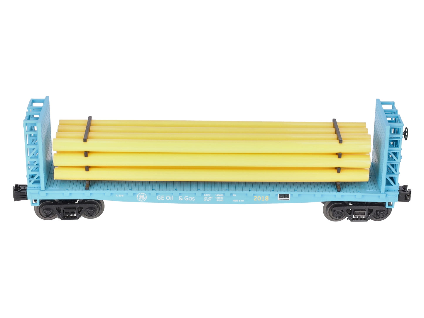 MTH 30-76714 O G.E. Oil and Gas Flat Car with Bulkheads and Pipe Load #2018