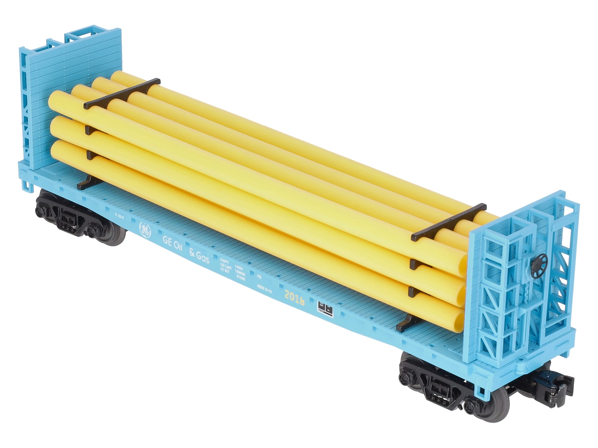 MTH 30-76714 O G.E. Oil and Gas Flat Car with Bulkheads and Pipe Load #2018