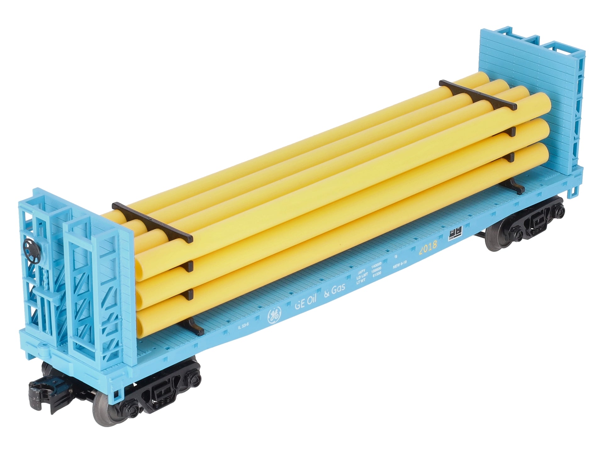 MTH 30-76714 O G.E. Oil and Gas Flat Car with Bulkheads and Pipe Load #2018