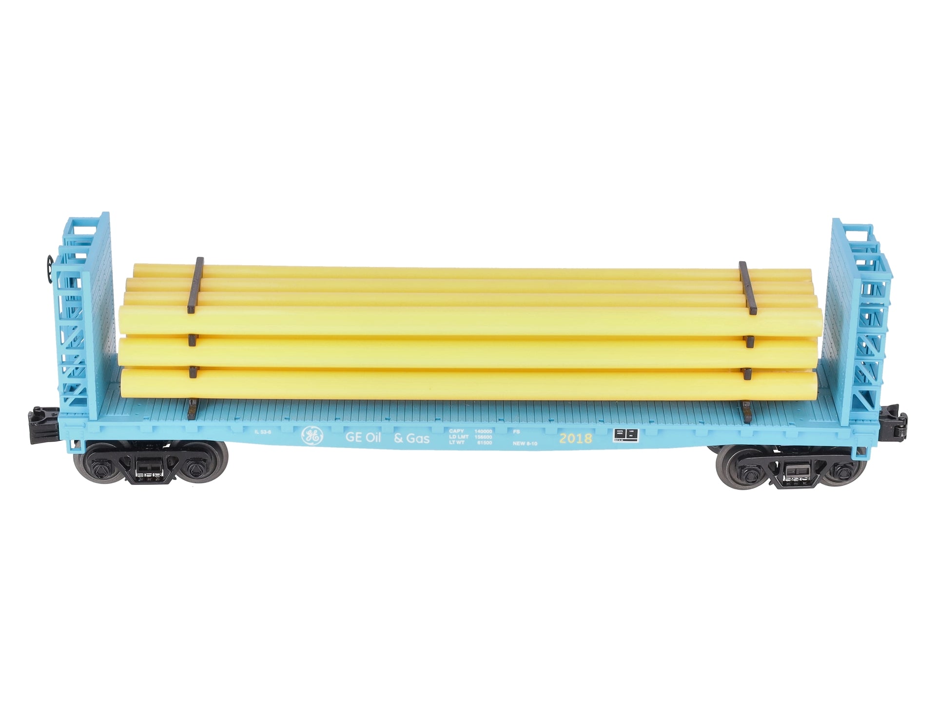 MTH 30-76714 O G.E. Oil and Gas Flat Car with Bulkheads and Pipe Load #2018