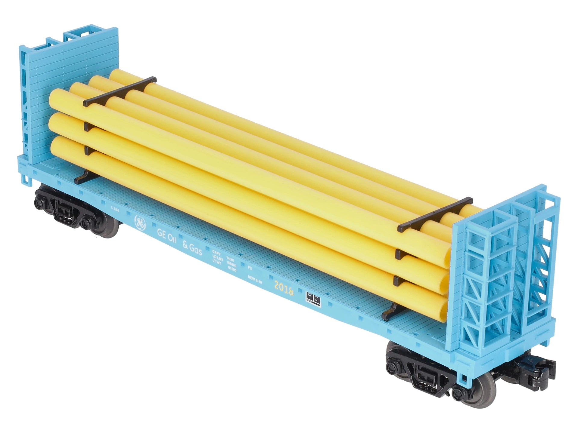 MTH 30-76714 O G.E. Oil and Gas Flat Car with Bulkheads and Pipe Load #2018