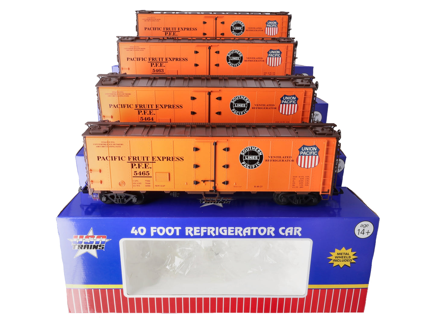 USA Trains R16506B G PFE SP & UP 40 ft. Refrigerator Cars Set #2 (4)