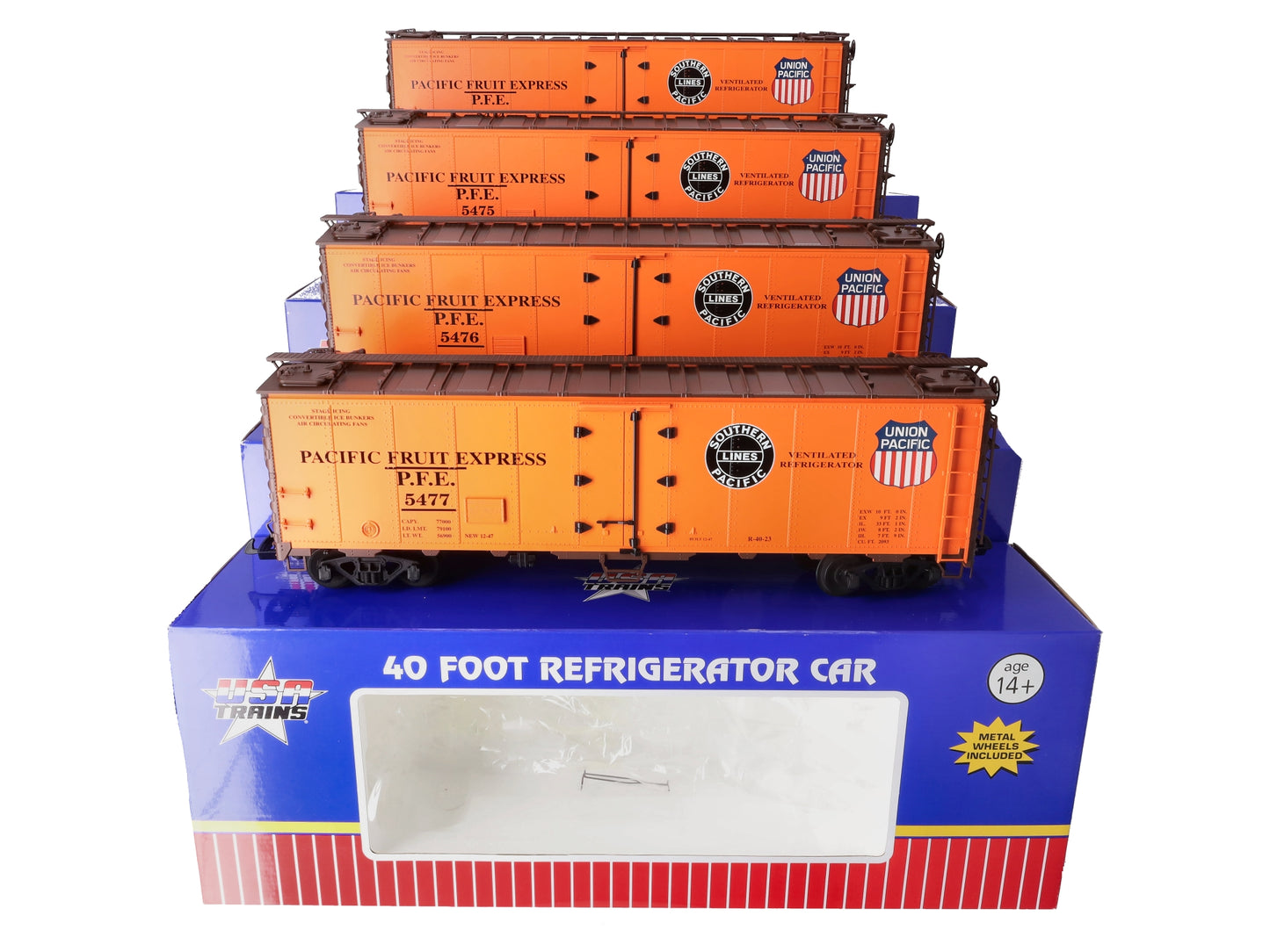 USA Trains R16506E G PFE SP & UP 40 ft. Refrigerator Cars Set #5 (4)