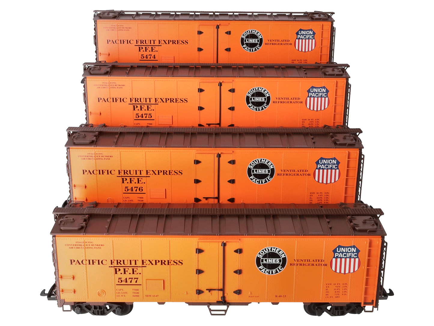USA Trains R16506E G PFE SP & UP 40 ft. Refrigerator Cars Set #5 (4)