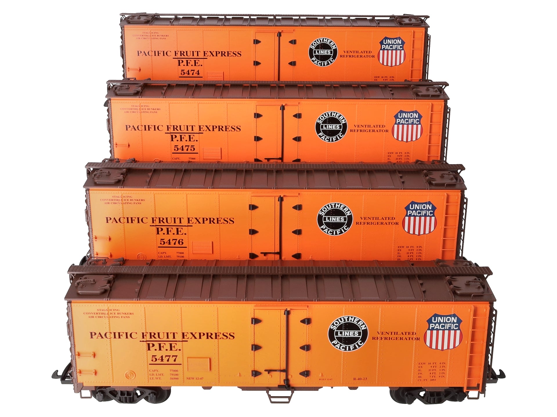 USA Trains R16506E G PFE SP & UP 40 ft. Refrigerator Cars Set #5 (4)