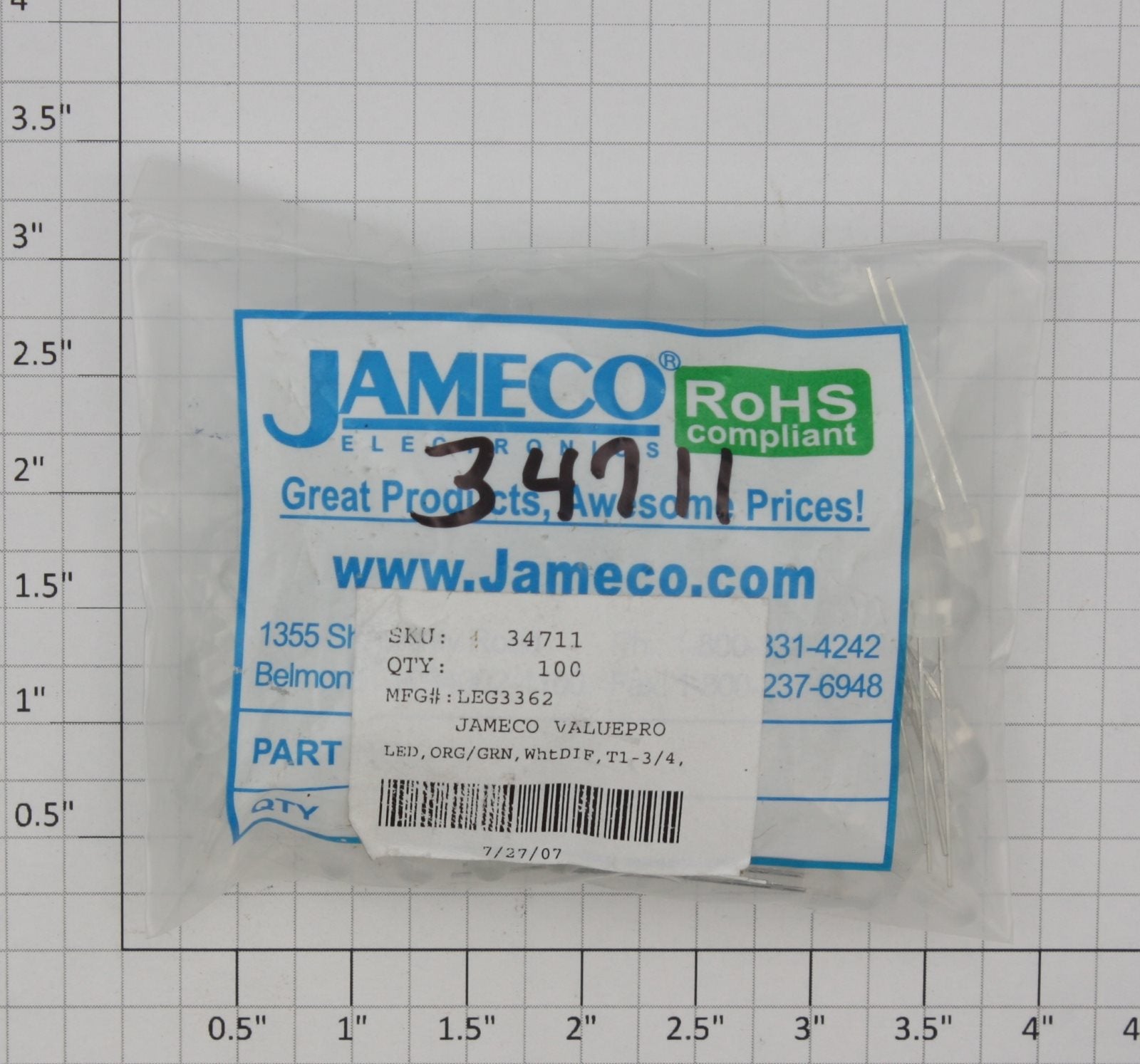 Jameco 34711 LED Bi-Color Green & Red Diffused White 5mm (T-1 3/4) (Bag of 100)