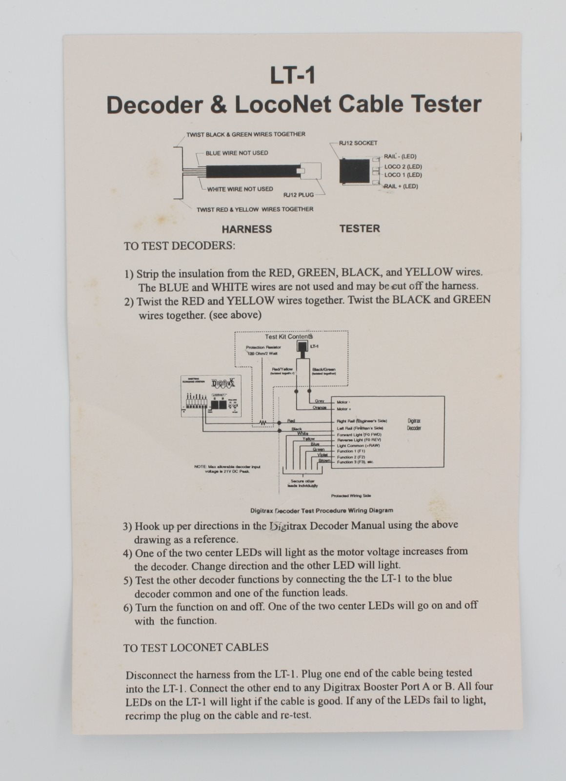 Digitrax LT-1X Decoder and LocoNet Cable Tester Instructions