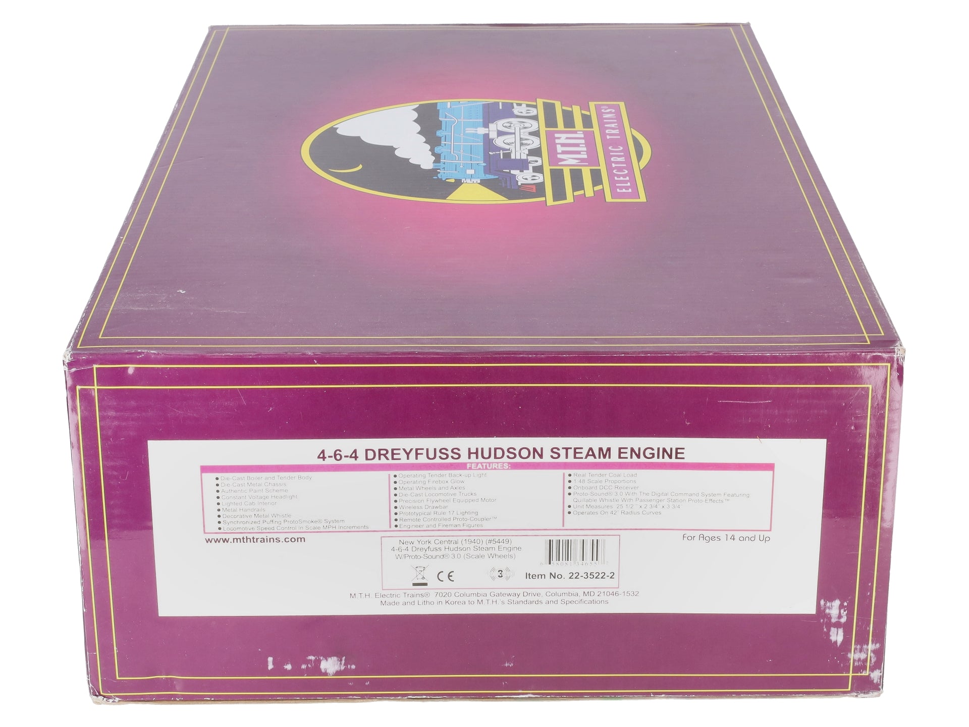 MTH 22-3522-2 NYC Hudson 4-6-4 Dreyfuss Steam Locomotive w/Proto-Sound 3.0 DCC EX/Box