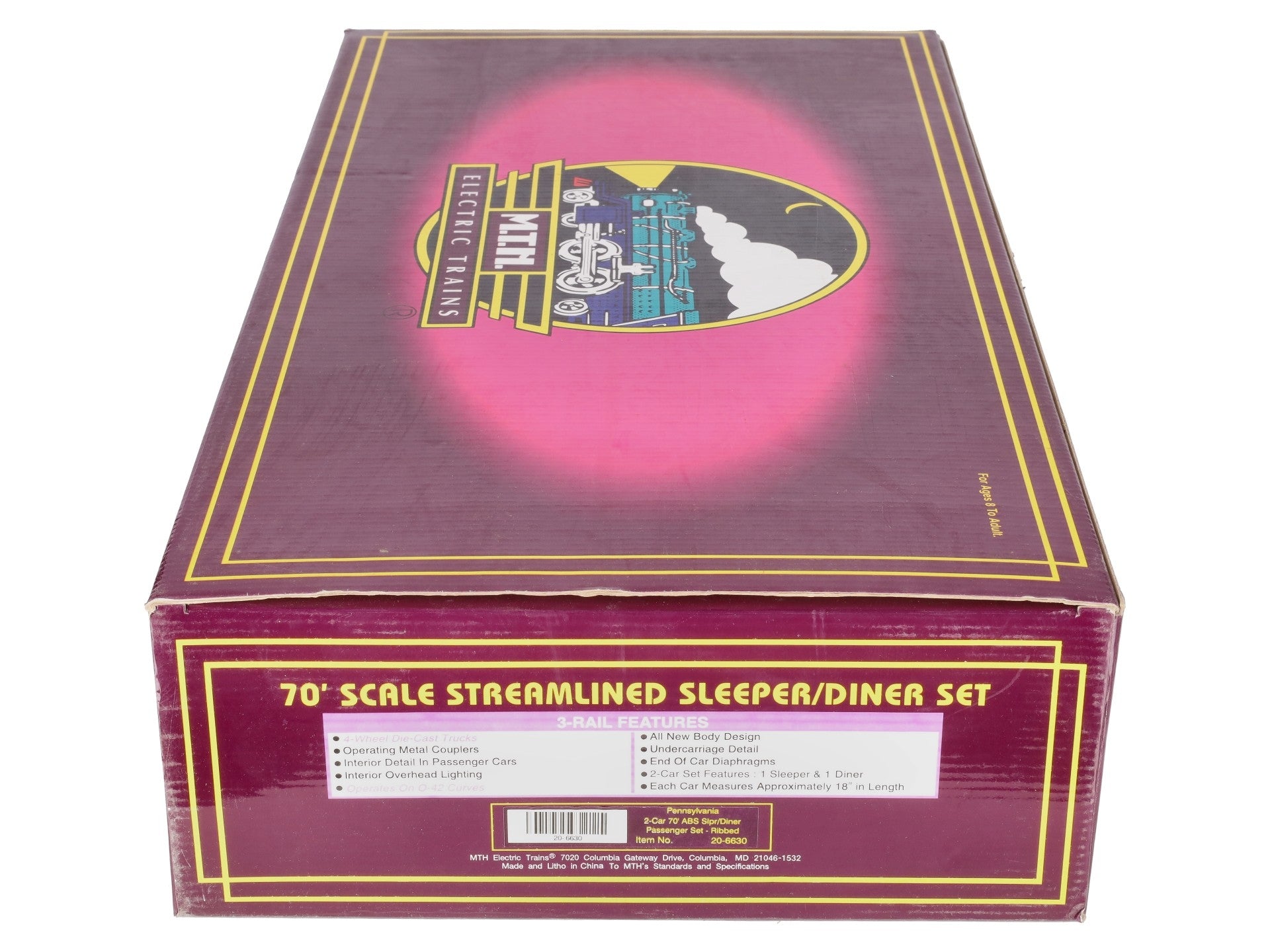 MTH 20-6630 O PRR 70' Streamlined Sleeper/Diner Passenger Car Set (Set of 2) EX/Box