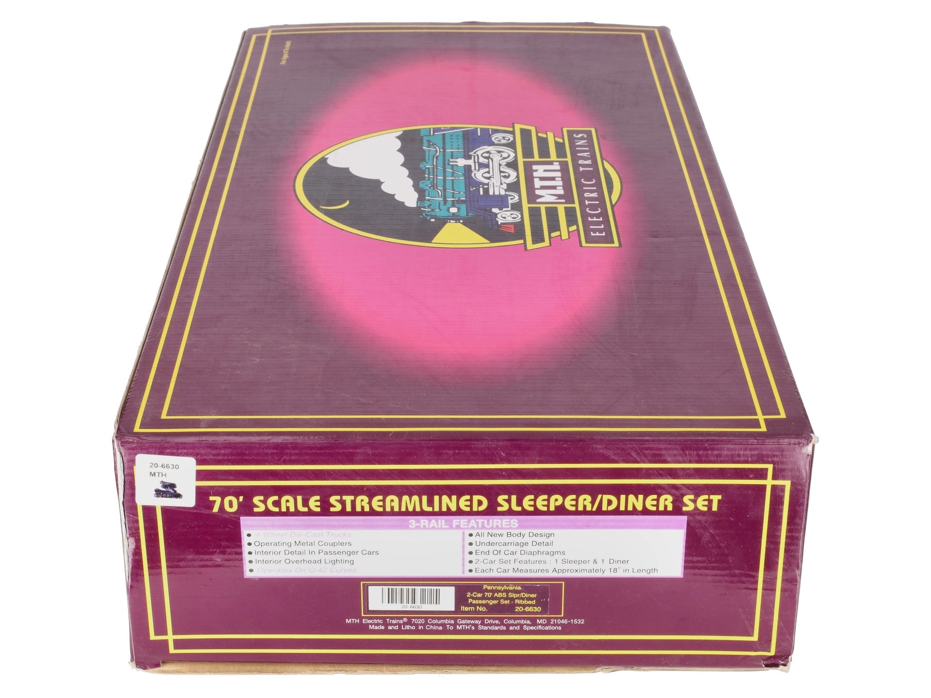 MTH 20-6630 O PRR 70' Streamlined Sleeper/Diner Passenger Car Set (Set of 2) EX/Box