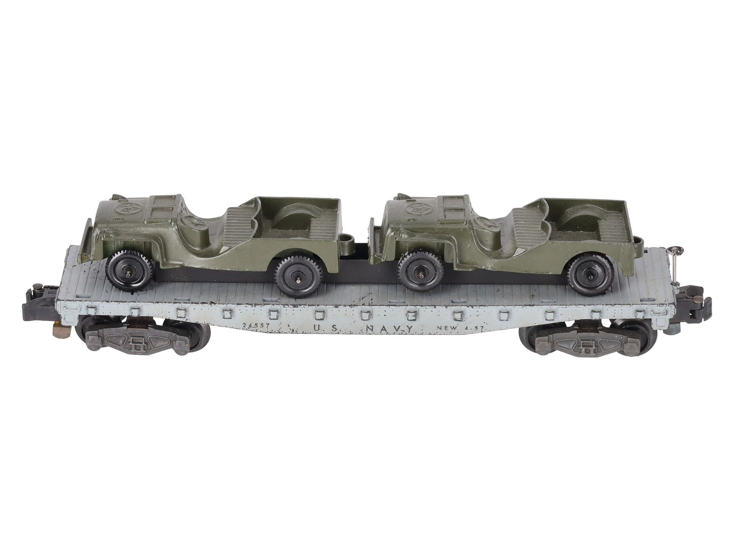 American Flyer 24557 Vintage S Gauge US Navy Flat Car w/2 Jeeps VG