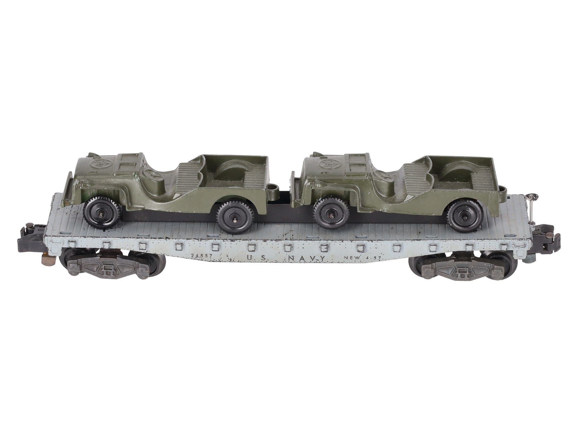 American Flyer 24557 Vintage S Gauge US Navy Flat Car w/2 Jeeps VG