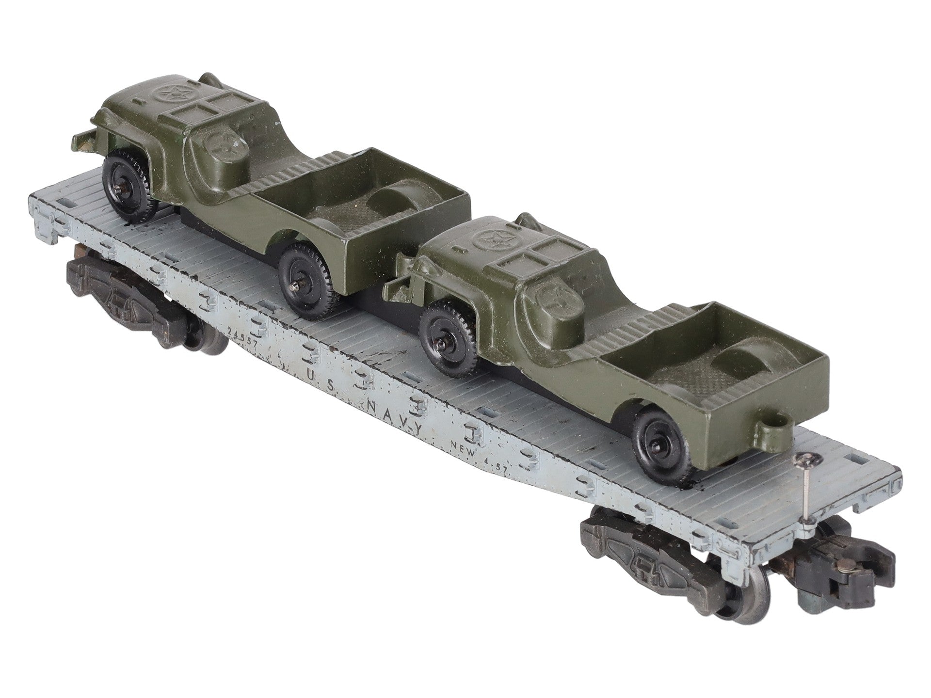 American Flyer 24557 Vintage S Gauge US Navy Flat Car w/2 Jeeps VG