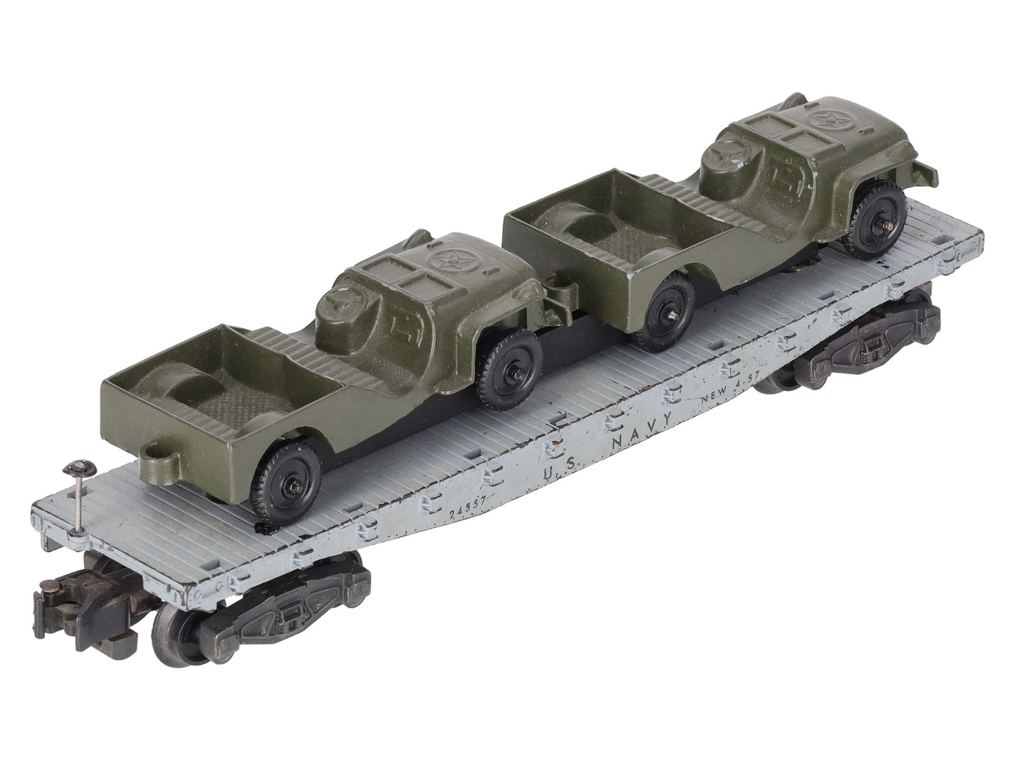 American Flyer 24557 Vintage S Gauge US Navy Flat Car w/2 Jeeps VG