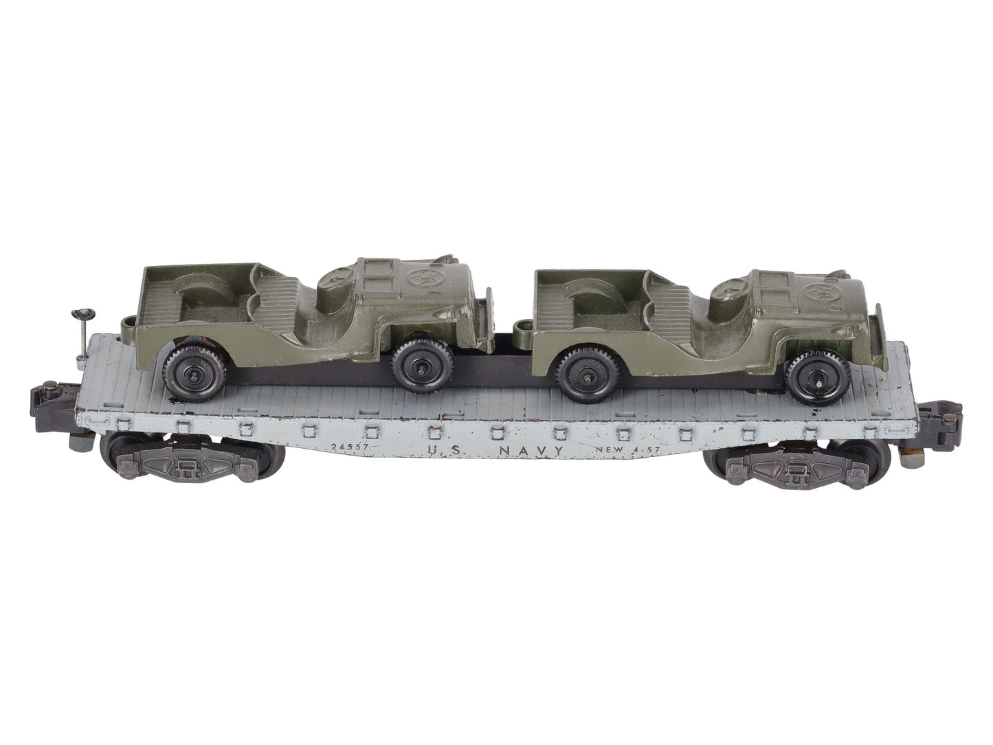 American Flyer 24557 Vintage S Gauge US Navy Flat Car w/2 Jeeps VG