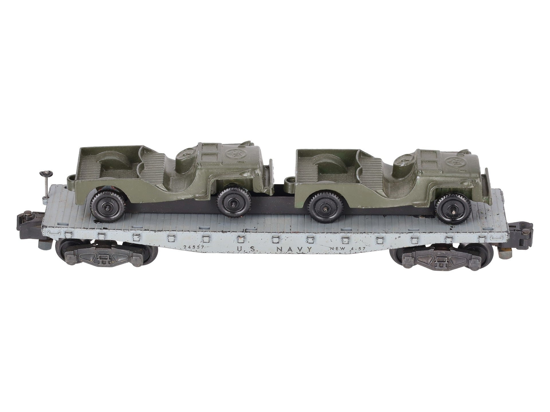 American Flyer 24557 Vintage S Gauge US Navy Flat Car w/2 Jeeps VG