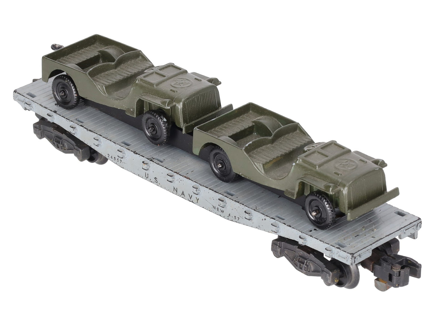 American Flyer 24557 Vintage S Gauge US Navy Flat Car w/2 Jeeps VG