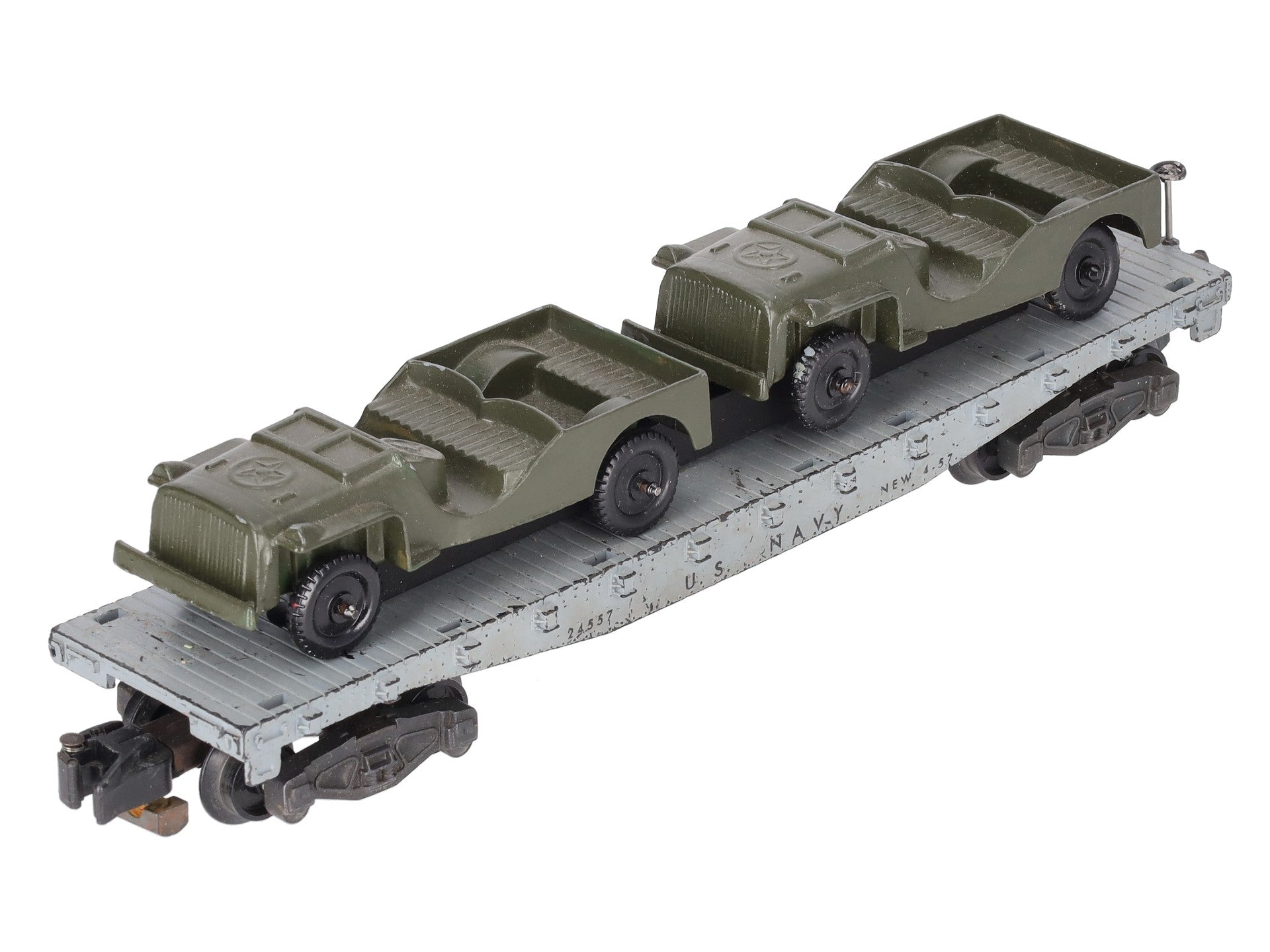 American Flyer 24557 Vintage S Gauge US Navy Flat Car w/2 Jeeps VG