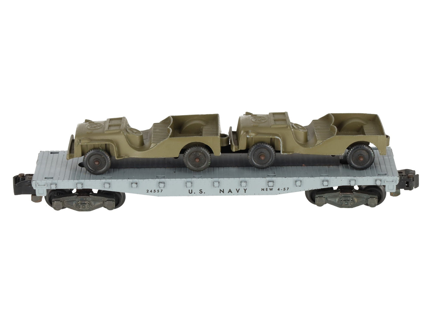 American Flyer 24557 Vintage S Gauge US Navy Flat Car w/2 Jeeps VG