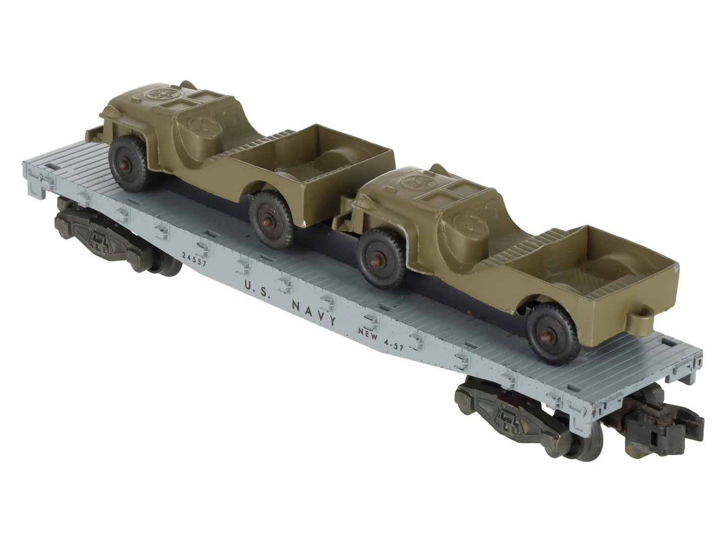 American Flyer 24557 Vintage S Gauge US Navy Flat Car w/2 Jeeps VG