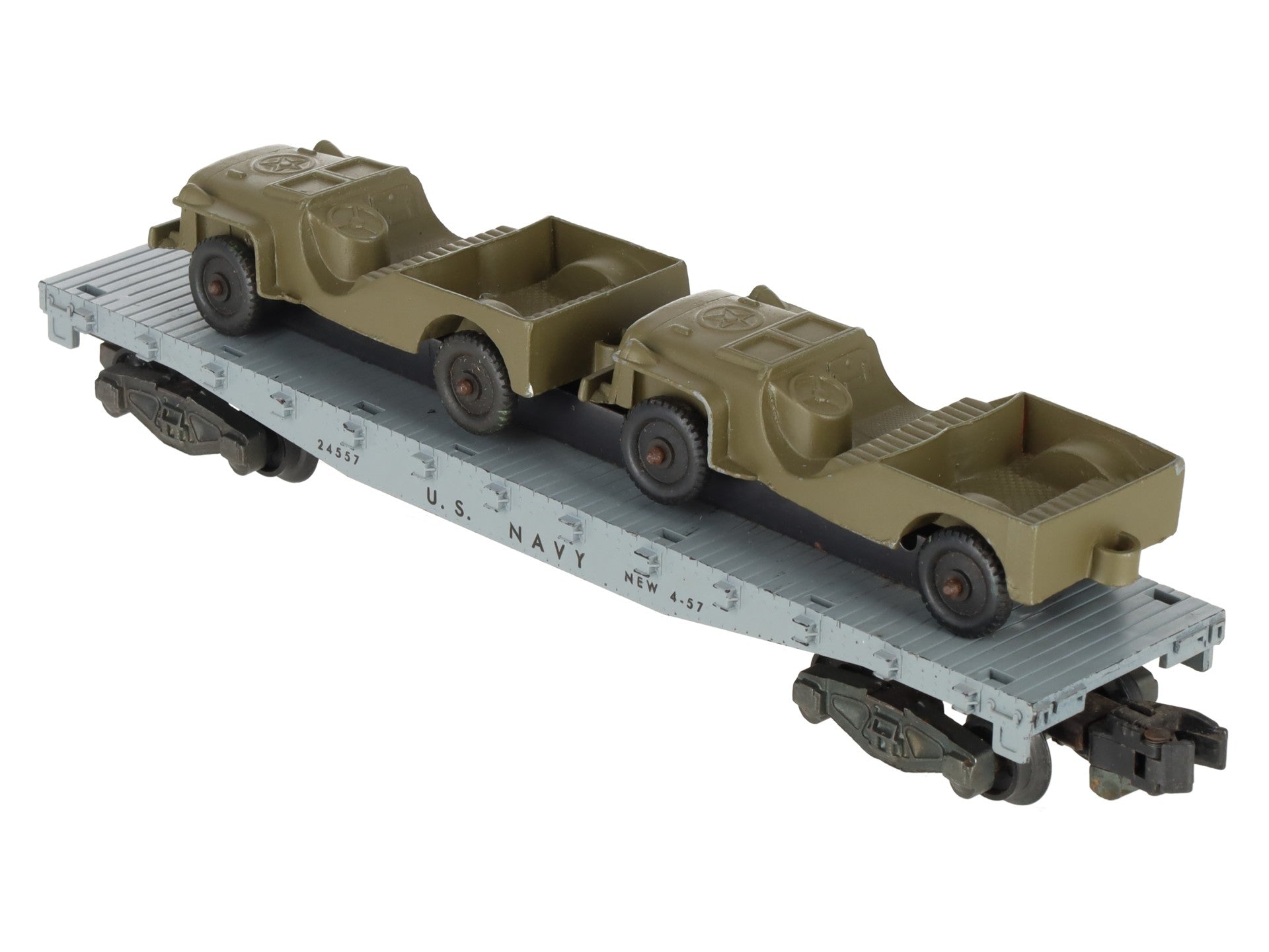 American Flyer 24557 Vintage S Gauge US Navy Flat Car w/2 Jeeps VG