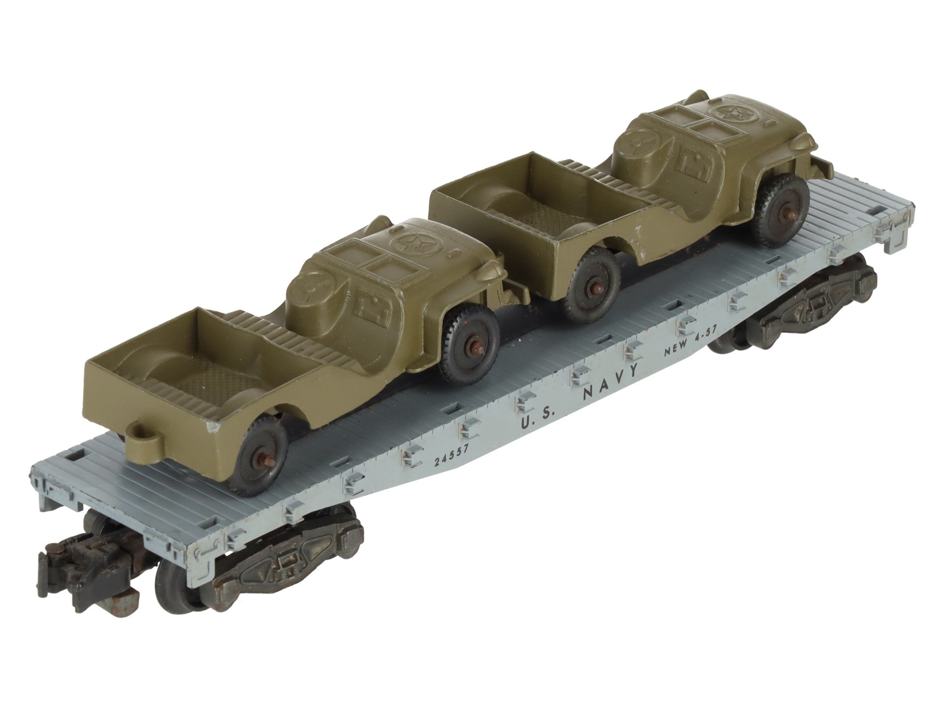 American Flyer 24557 Vintage S Gauge US Navy Flat Car w/2 Jeeps VG