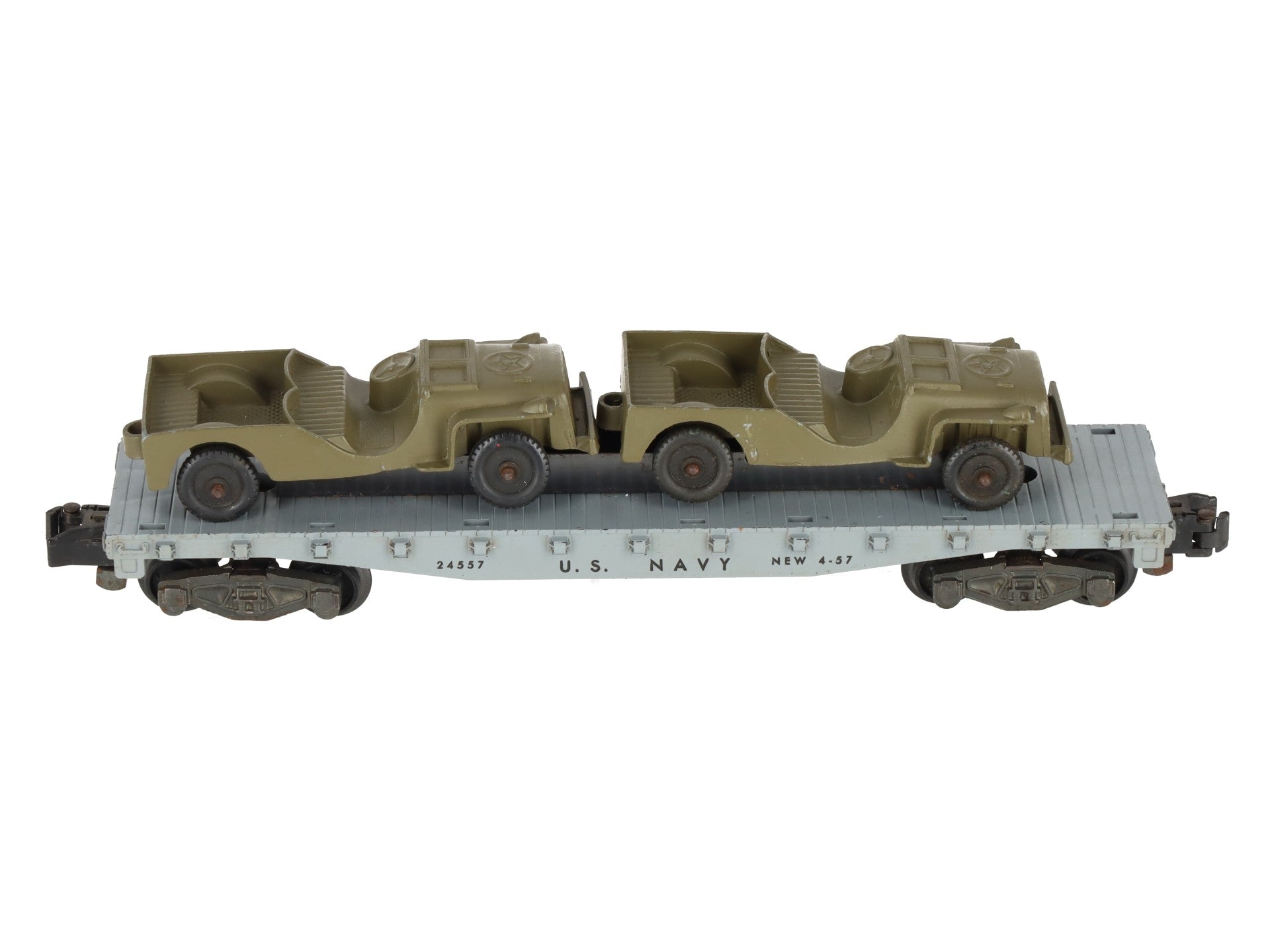 American Flyer 24557 Vintage S Gauge US Navy Flat Car w/2 Jeeps VG