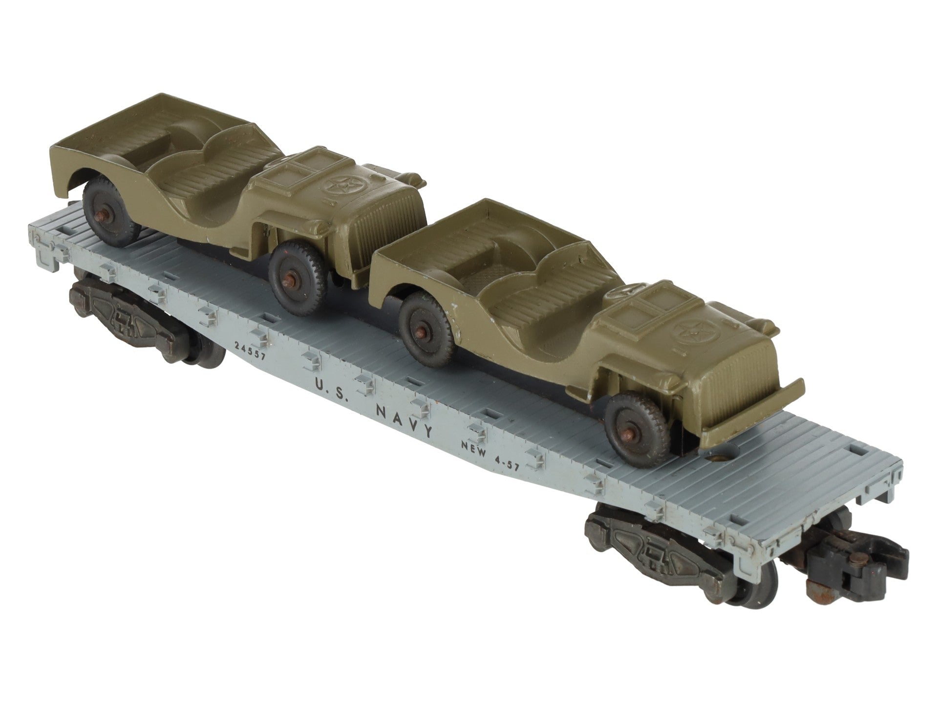 American Flyer 24557 Vintage S Gauge US Navy Flat Car w/2 Jeeps VG