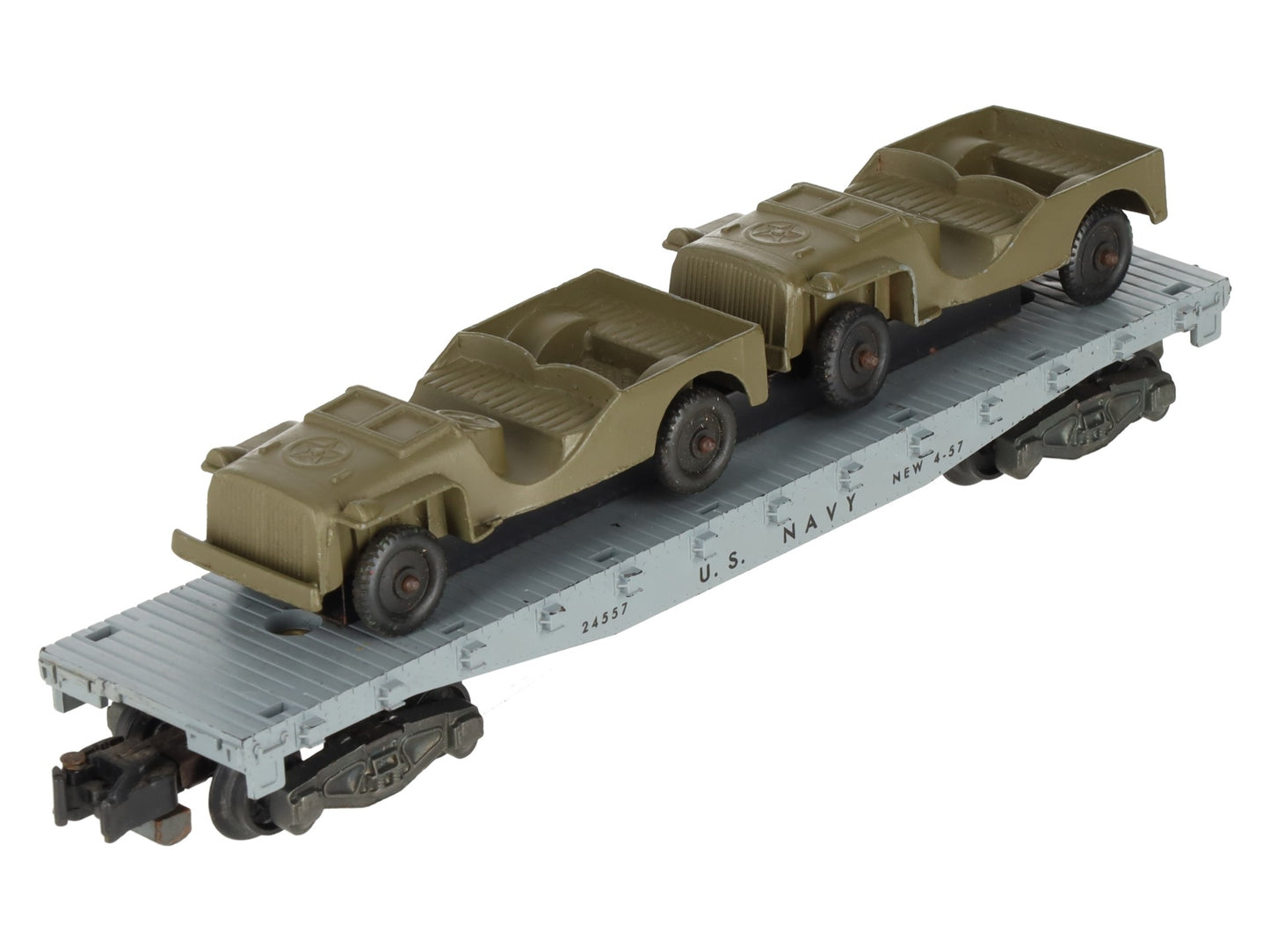 American Flyer 24557 Vintage S Gauge US Navy Flat Car w/2 Jeeps VG