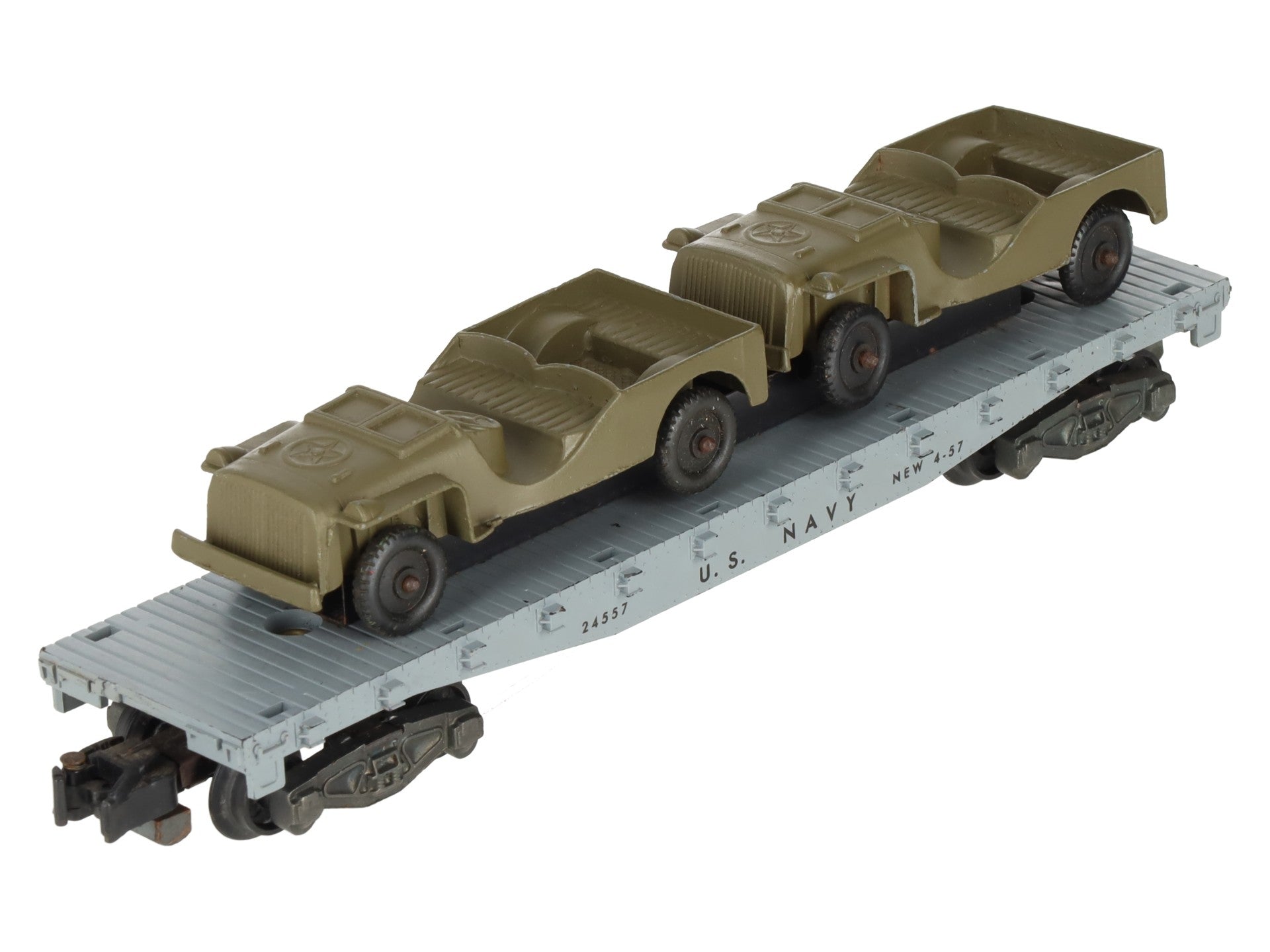 American Flyer 24557 Vintage S Gauge US Navy Flat Car w/2 Jeeps VG