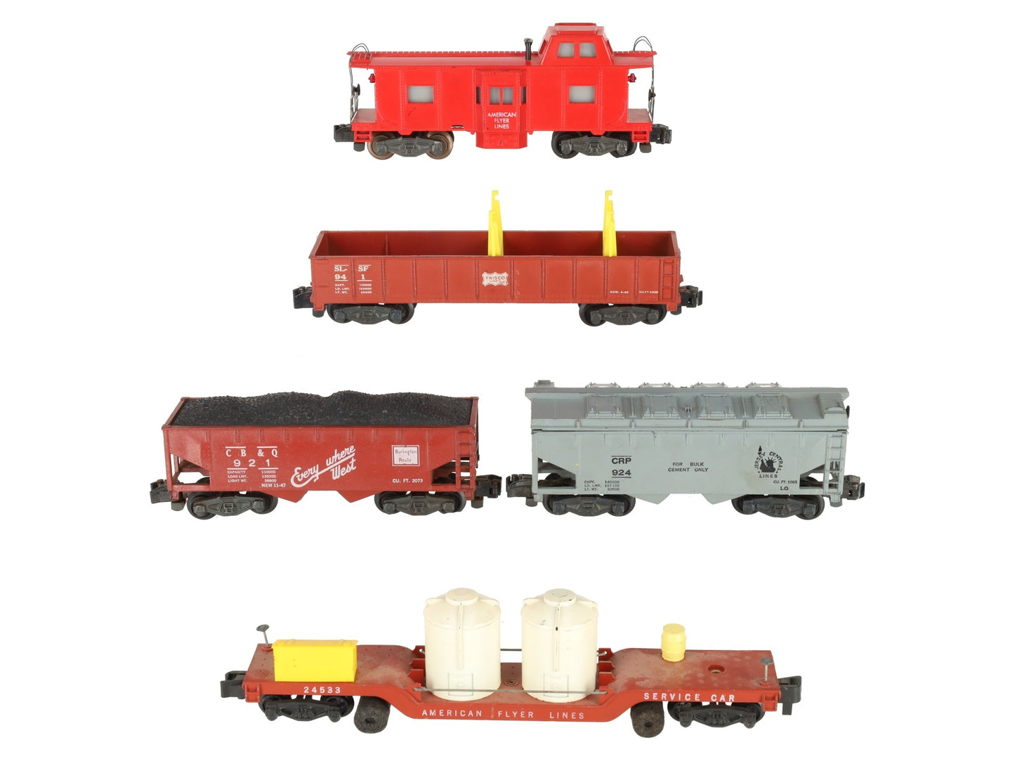 American Flyer Vintage S Freight Cars: 941, 921, Caboose, 24533, 924 [5] VG