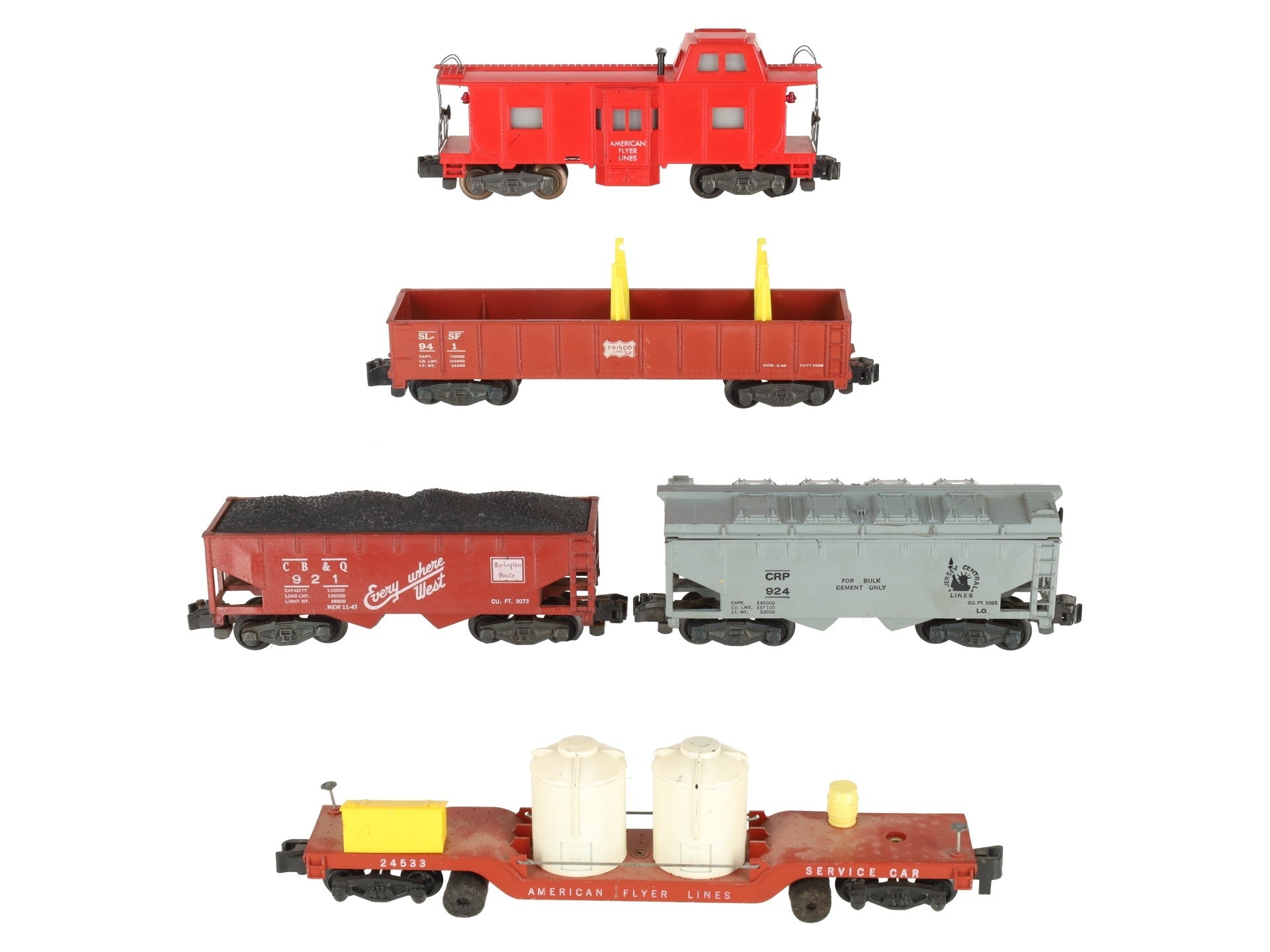 American Flyer Vintage S Freight Cars: 941, 921, Caboose, 24533, 924 [5] VG