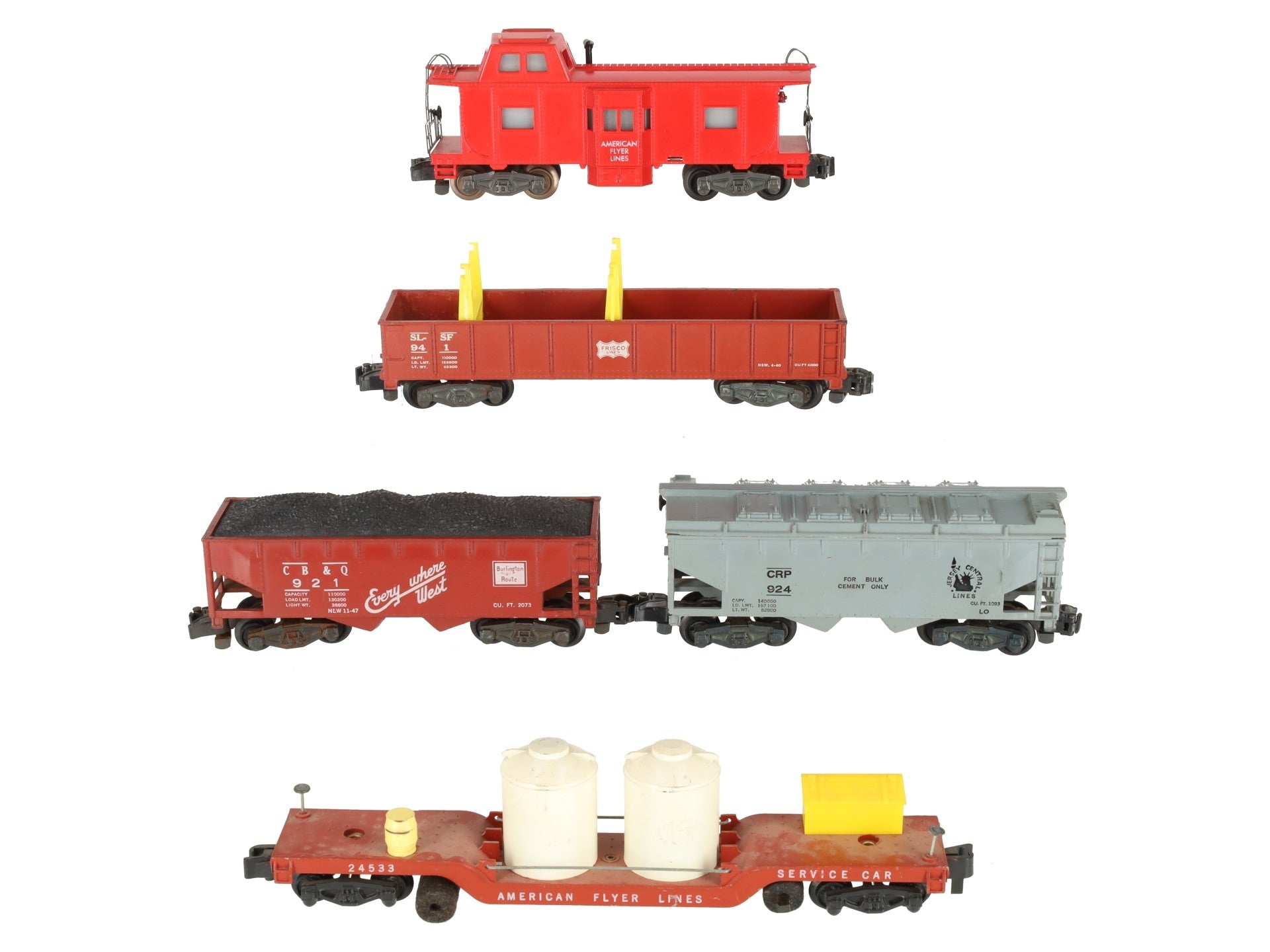 American Flyer Vintage S Freight Cars: 941, 921, Caboose, 24533, 924 [5] VG