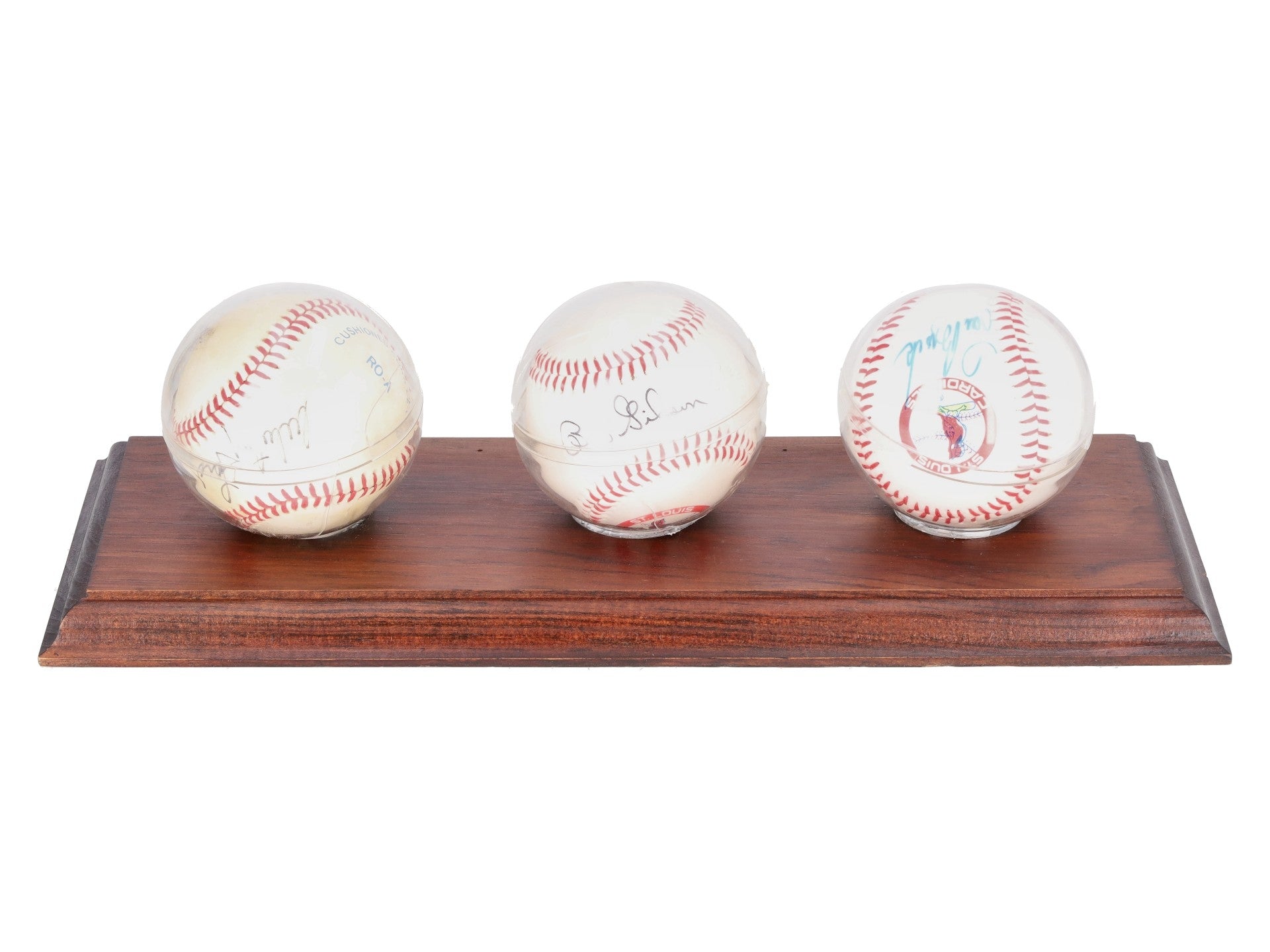 Whitey Ford, Lou Brock, & Bob Gibson Autographed Baseballs w/Wooden Display VG